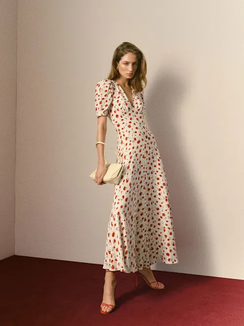 A-Line V-Neck Satin Puff Sleeve Midi Prom Dress - Chloe Dress