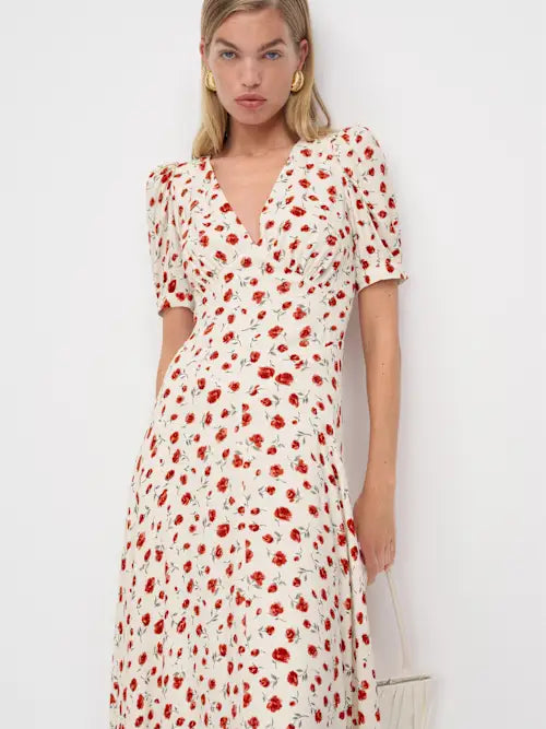 A-Line V-Neck Satin Puff Sleeve Midi Prom Dress - Chloe Dress