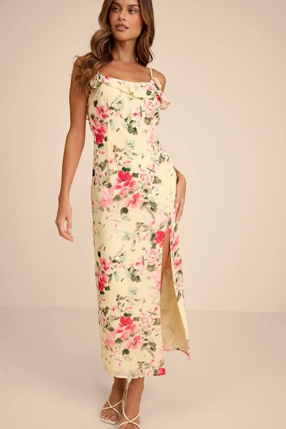 Yellow A-Line Spaghetti Strap Chiffon Sleeveless Open Back High Slit Midi Prom Dress - Chloe Dress