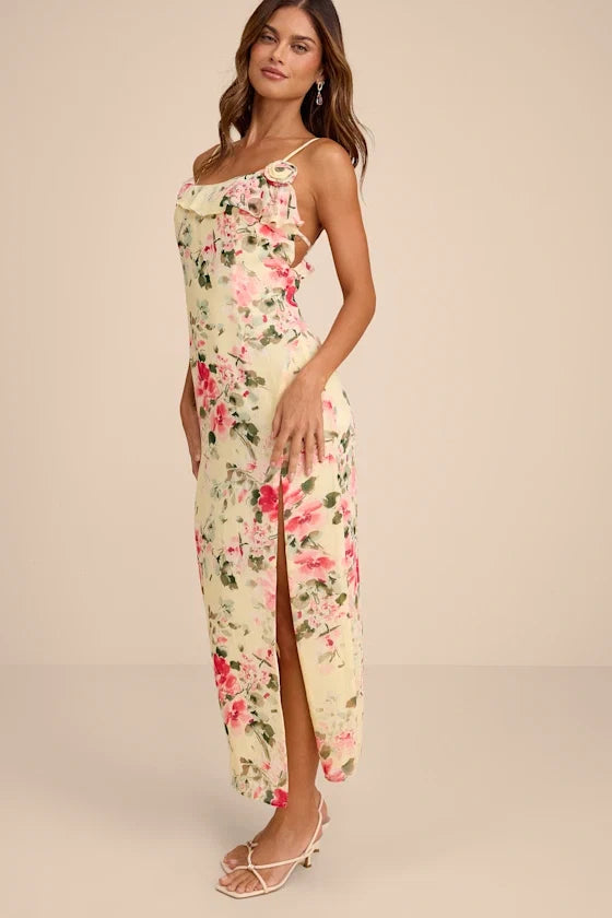 Yellow A-Line Spaghetti Strap Chiffon Sleeveless Open Back High Slit Midi Prom Dress - Chloe Dress