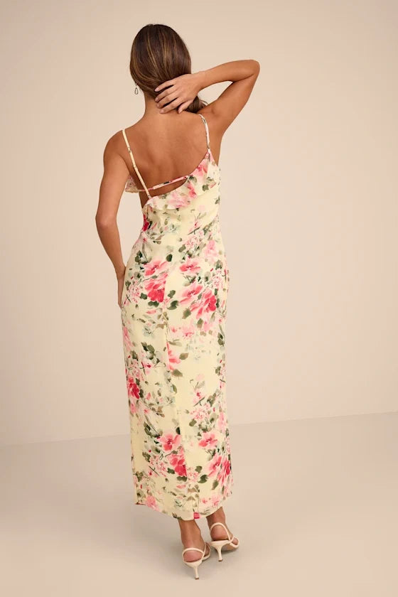 Yellow A-Line Spaghetti Strap Chiffon Sleeveless Open Back High Slit Midi Prom Dress - Chloe Dress