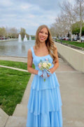 A-Line Square Neck Sleeveless Open Back Tiered Floor-Length Prom Dress - Chloe Dress