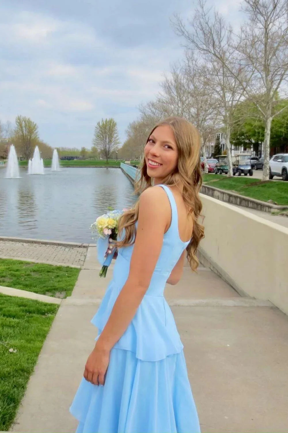 A-Line Square Neck Sleeveless Open Back Tiered Floor-Length Prom Dress - Chloe Dress