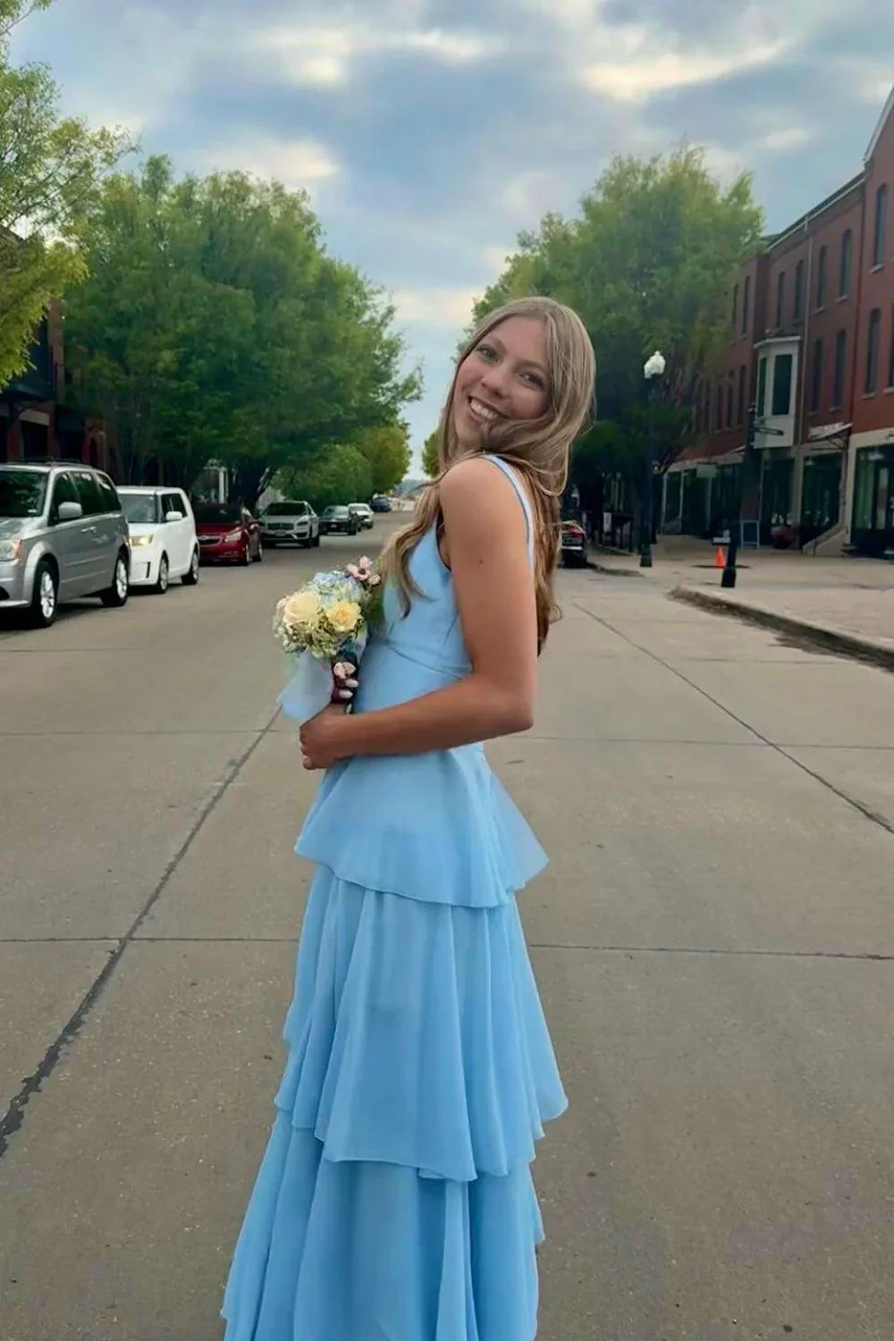 A-Line Square Neck Sleeveless Open Back Tiered Floor-Length Prom Dress - Chloe Dress