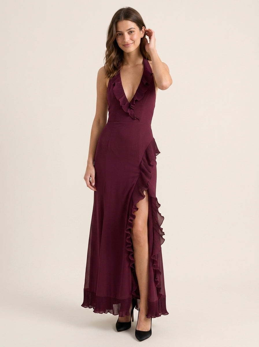 A-Line Halter Chiffon Sleeveless Open Back High Slit Floor-Length Evening Dress - Chloe Dress