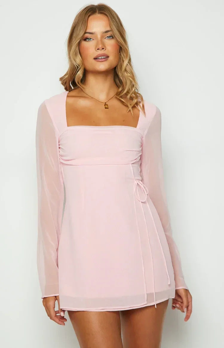 Sheath Square Neck Chiffon Long Sleeve Zipper Back Mini Homecoming Dress - Chloe Dress