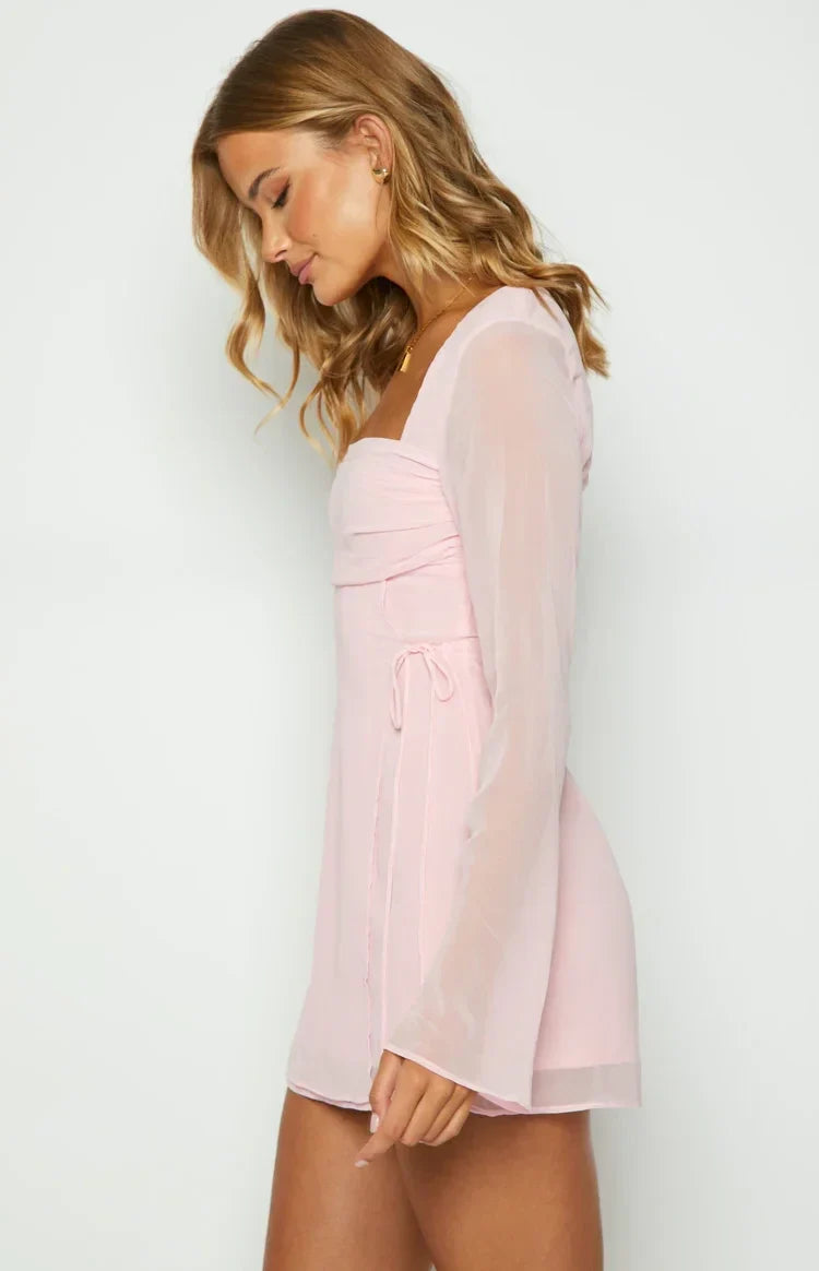 Sheath Square Neck Chiffon Long Sleeve Zipper Back Mini Homecoming Dress - Chloe Dress