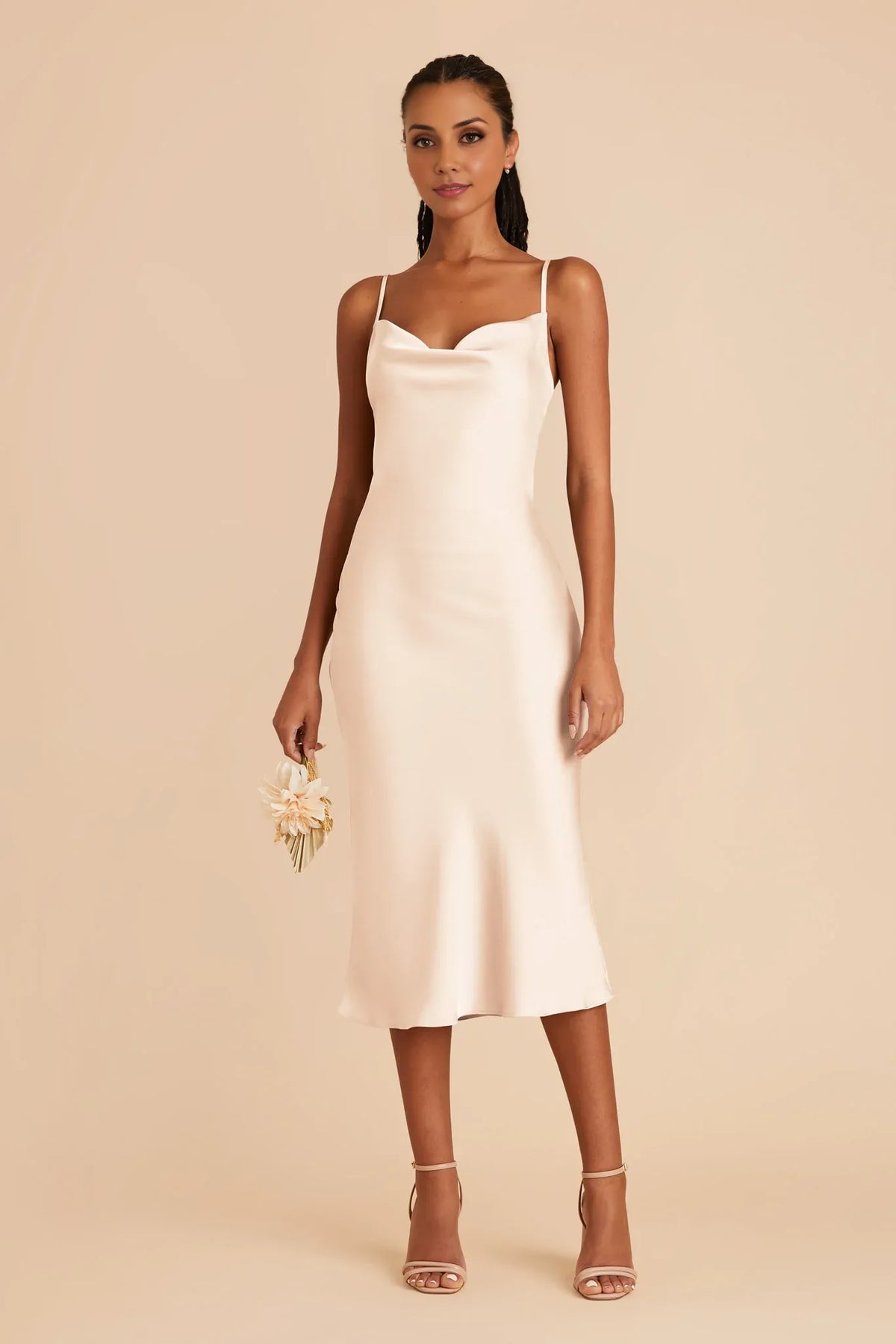 Sheath Cowl Neck Satin Sleeveless Midi Wedding Dress - Chloe Dress