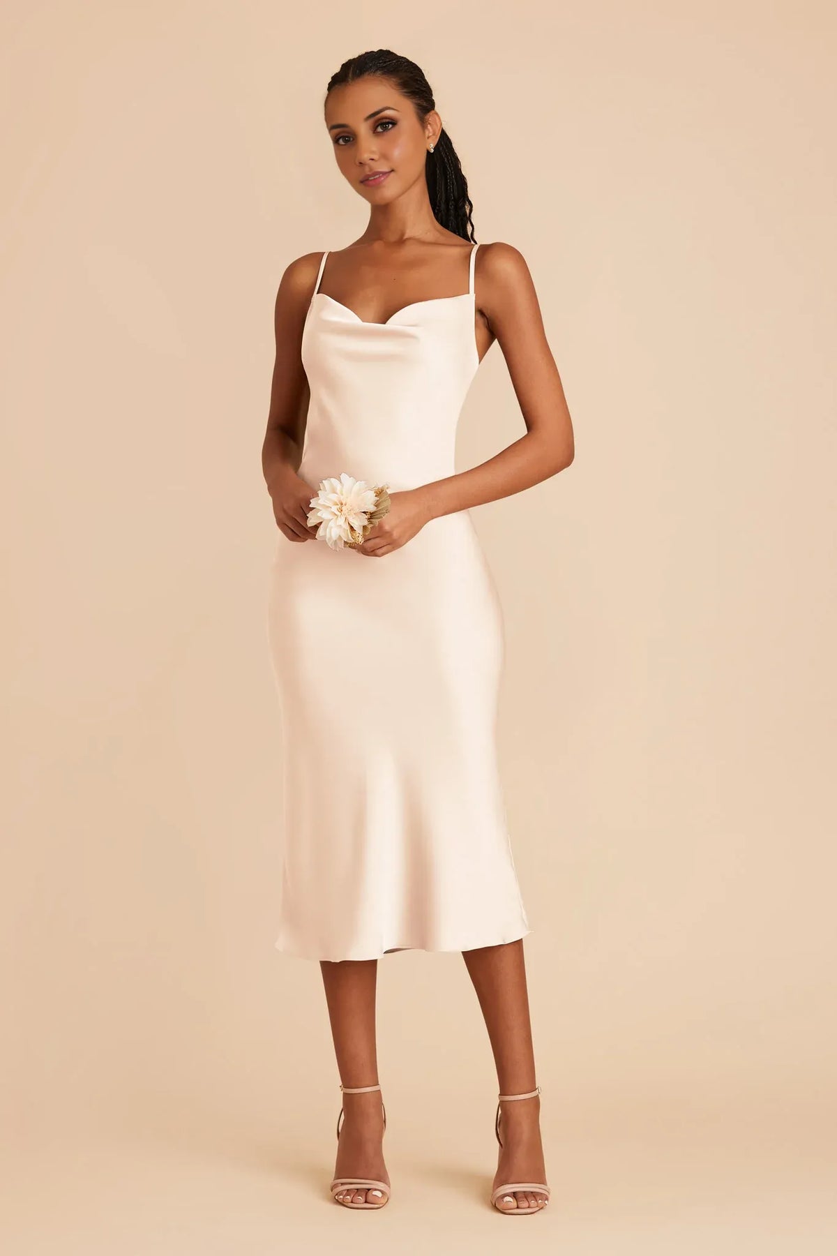 Sheath Cowl Neck Satin Sleeveless Midi Wedding Dress - Chloe Dress