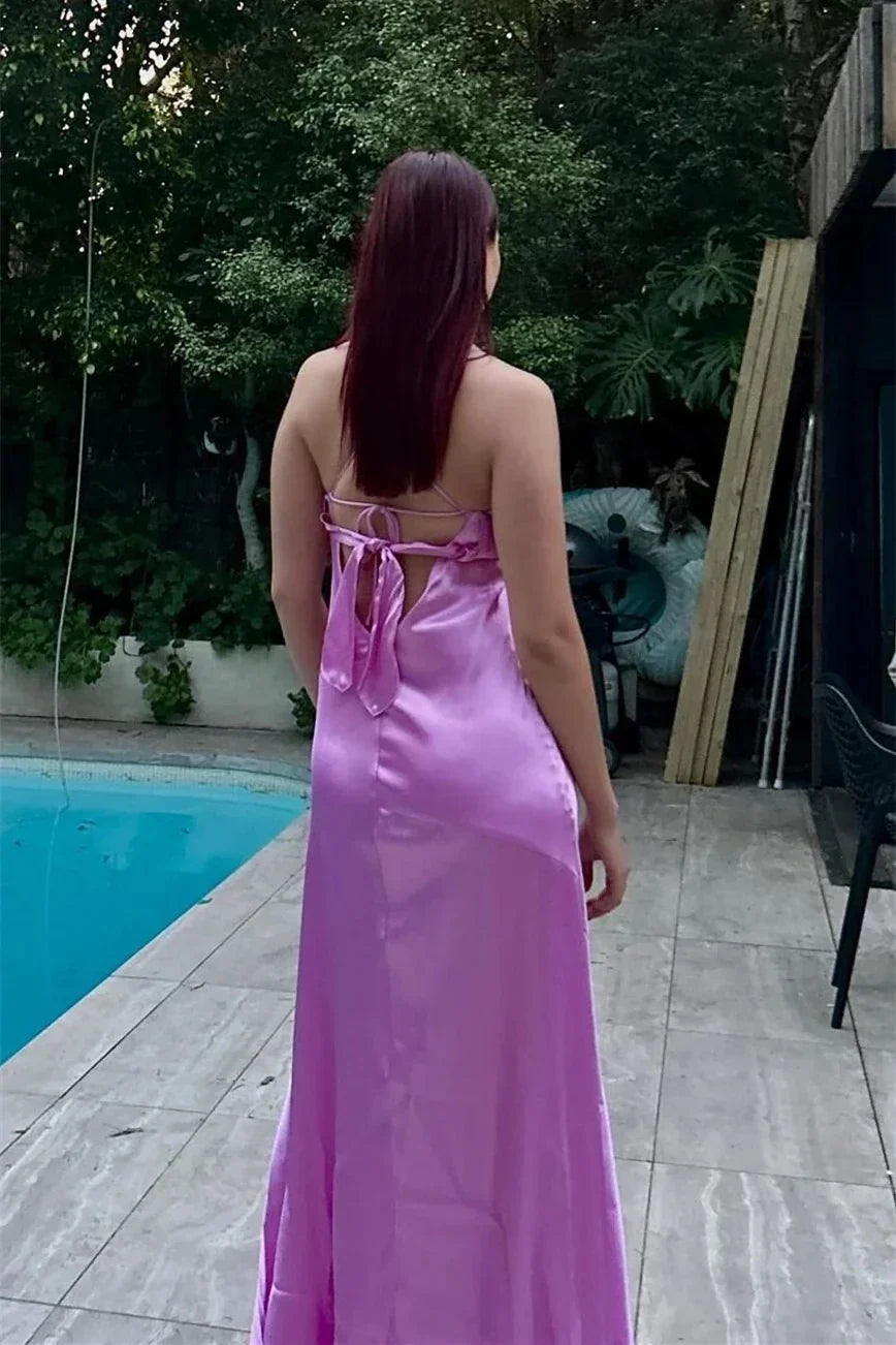 Lilac Satin Spaghetti Strap Tie‑Back A‑Line Evening Dresses