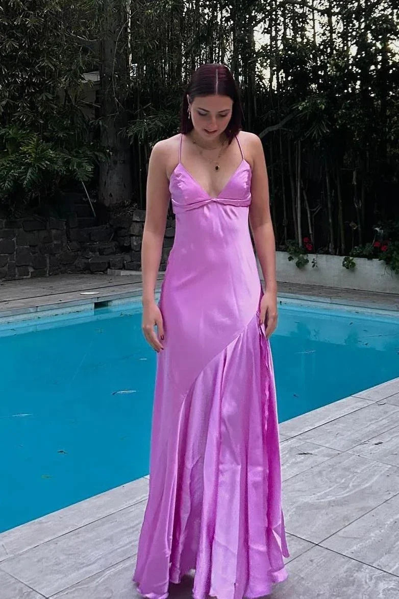 Lilac Satin Spaghetti Strap Tie‑Back A‑Line Evening Dresses