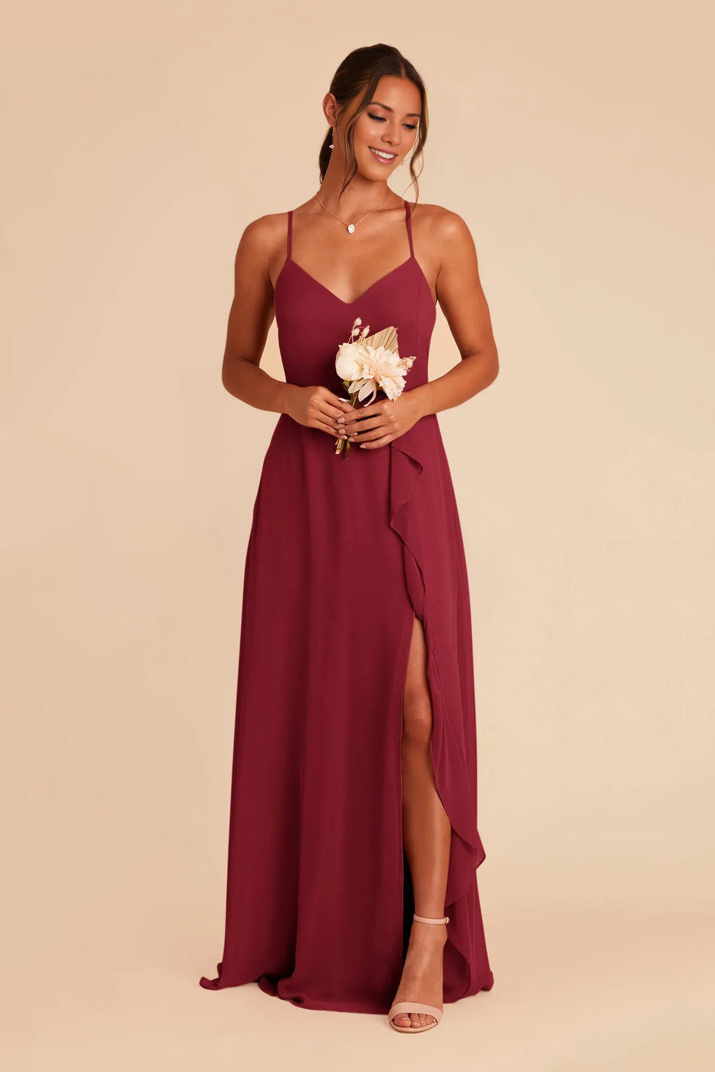 V-Neck Satin Open Back Ruffled Floor-Length Wedding Dress - Chloe Dress