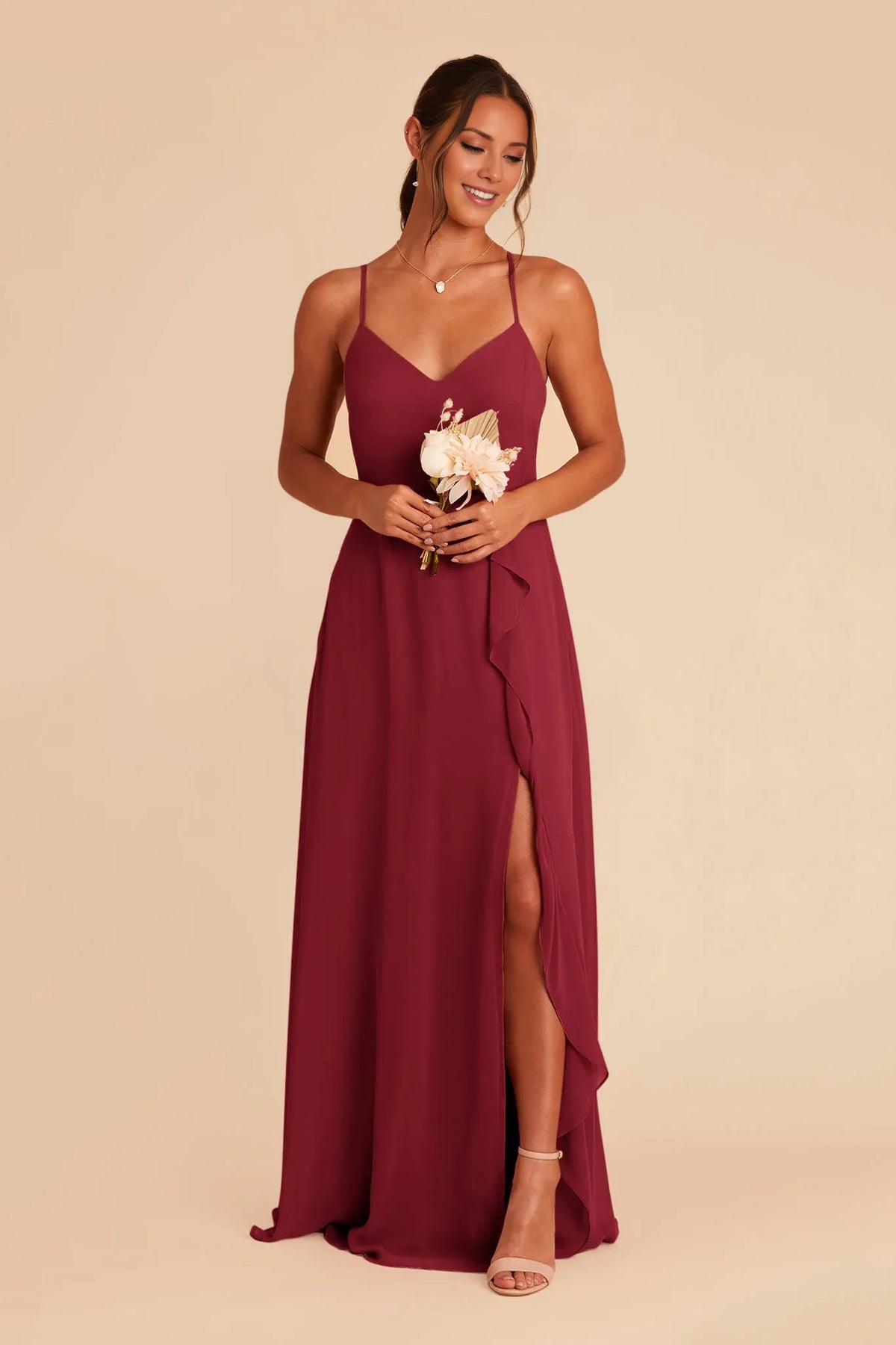 V-Neck Satin Open Back Ruffled Floor-Length Wedding Dress - Chloe Dress