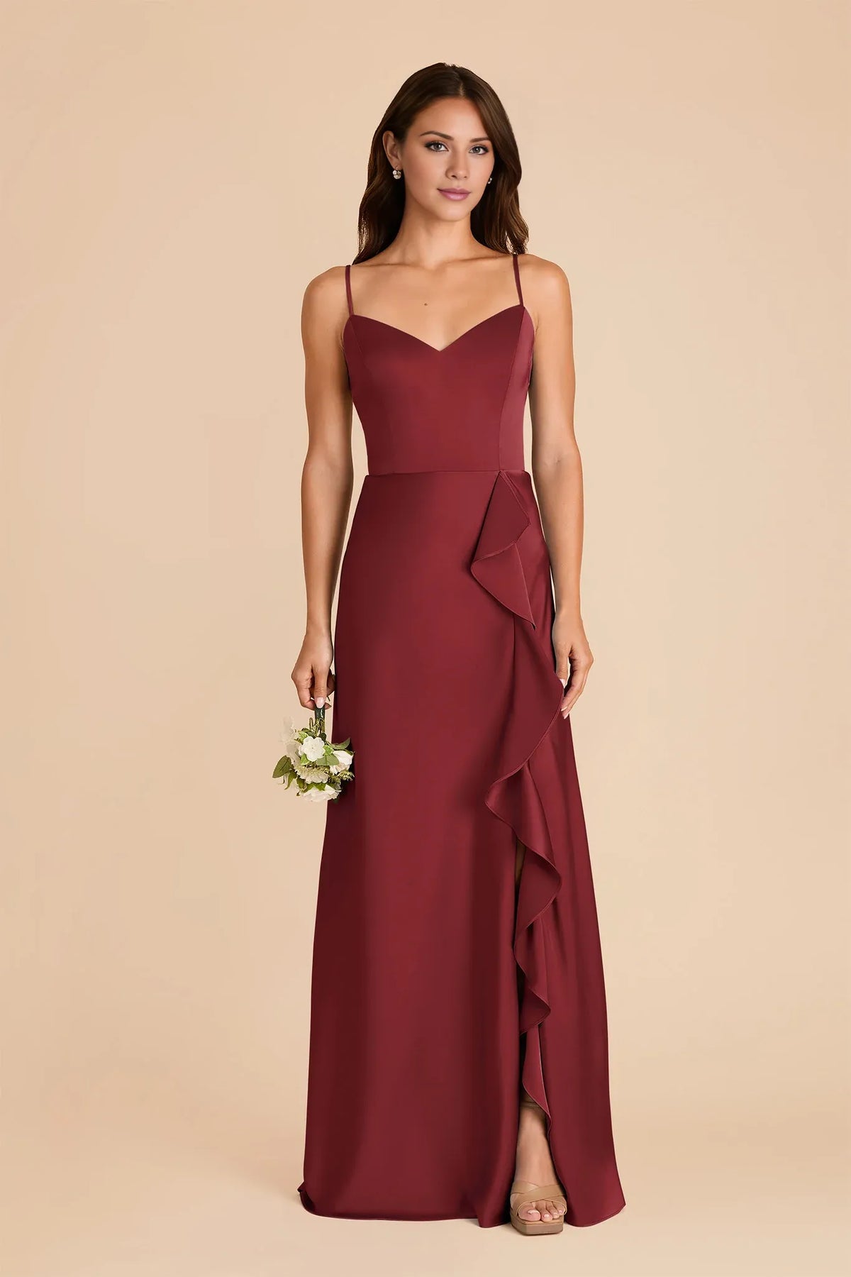 V-Neck Satin Open Back Ruffled Floor-Length Wedding Dress - Chloe Dress