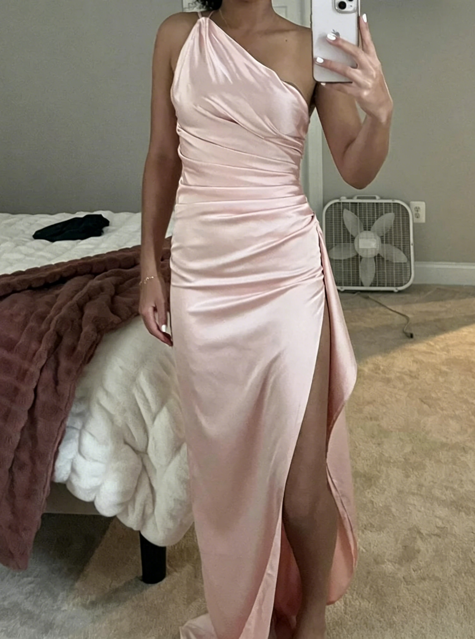 Blush Pink One-Shoulder Satin High Slit Floor-Length Evening Dress - Chloe Dress