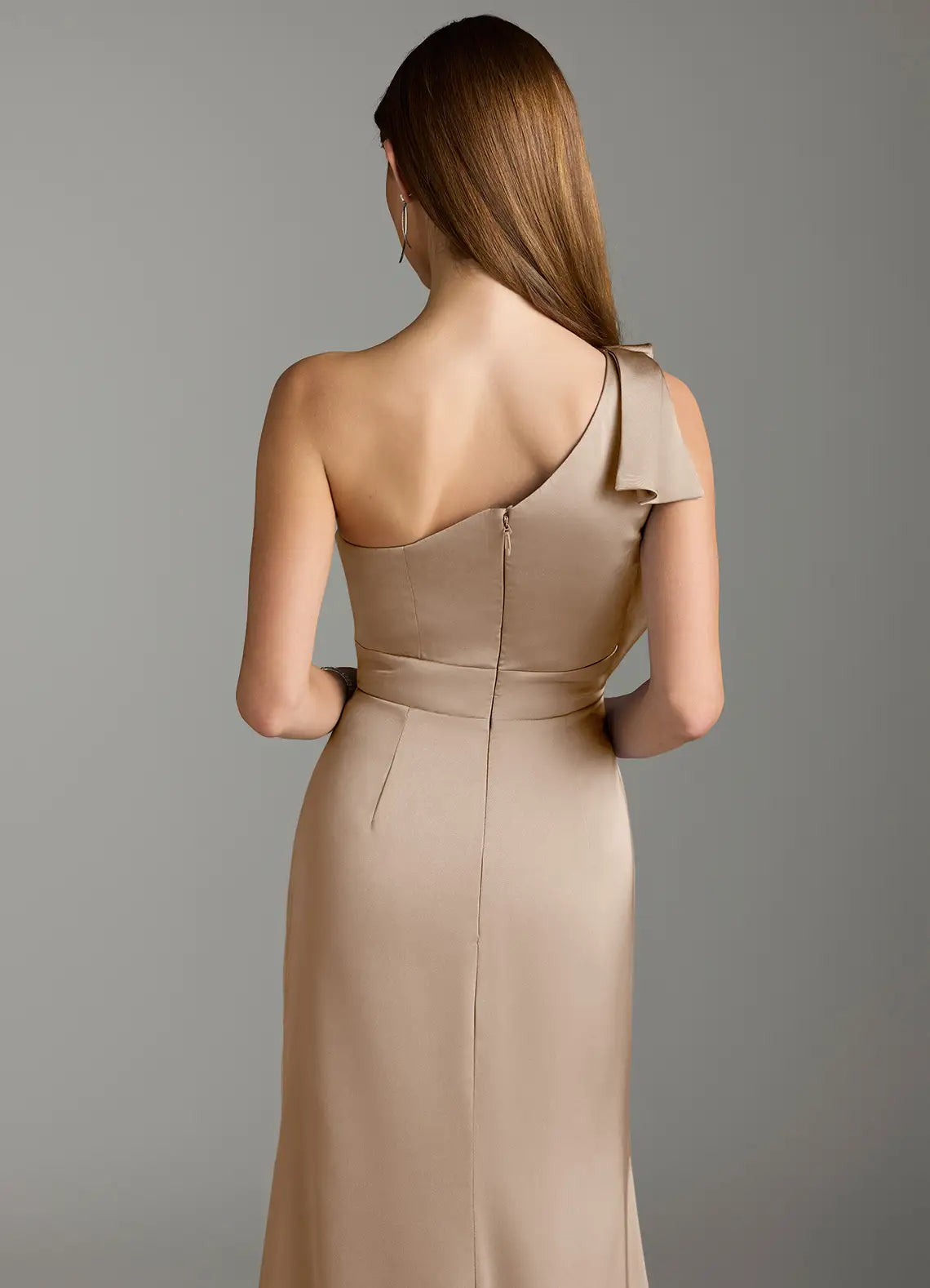Champagne One-Shoulder Satin Ruffled Floor-Length Wedding Dress - Chloe Dress