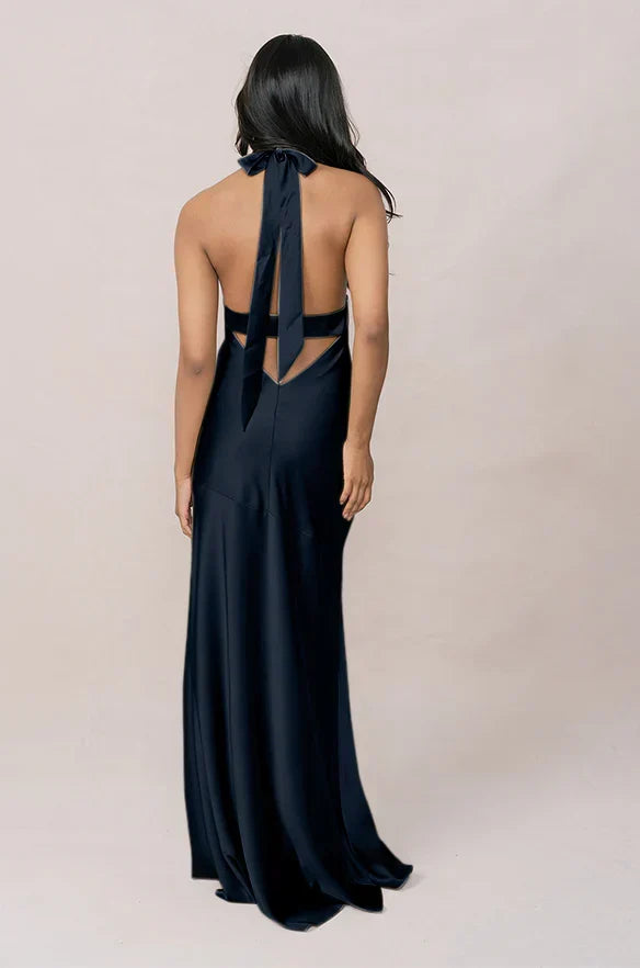 Navy Blue Halter Satin High Slit Wedding Dress - Chloe Dress