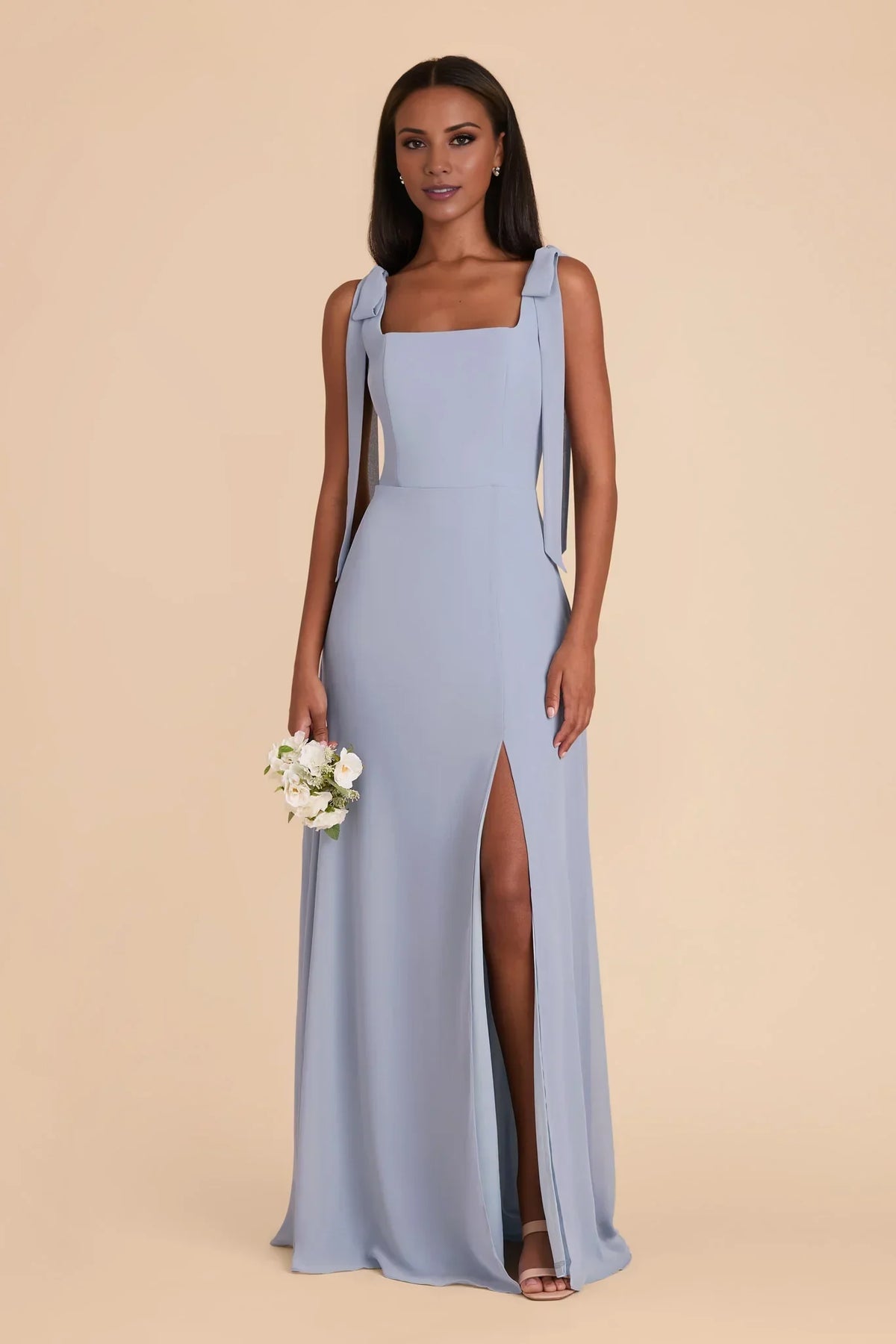 Blue Square Neck Chiffon Open Back High Slit Floor-Length Wedding Dress - Chloe Dress