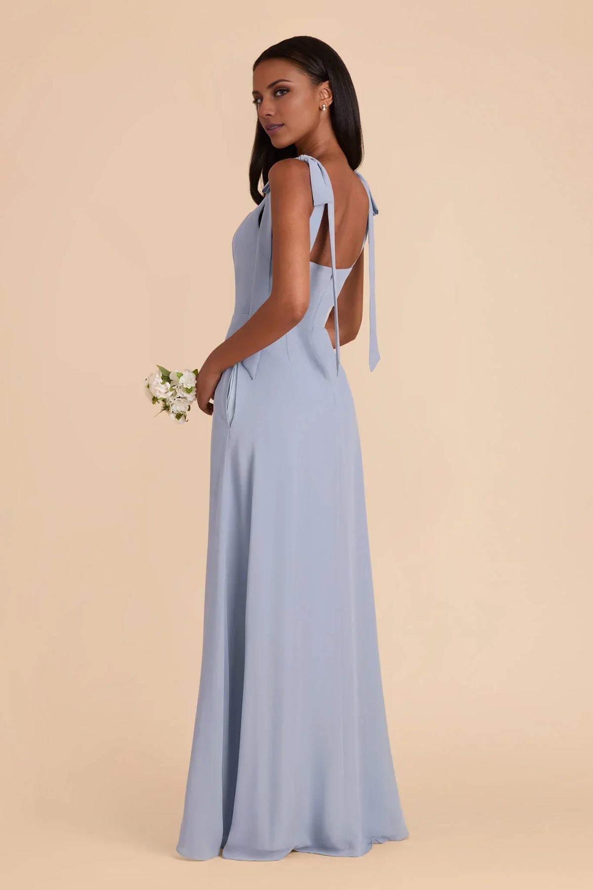 Blue Square Neck Chiffon Open Back High Slit Floor-Length Wedding Dress - Chloe Dress
