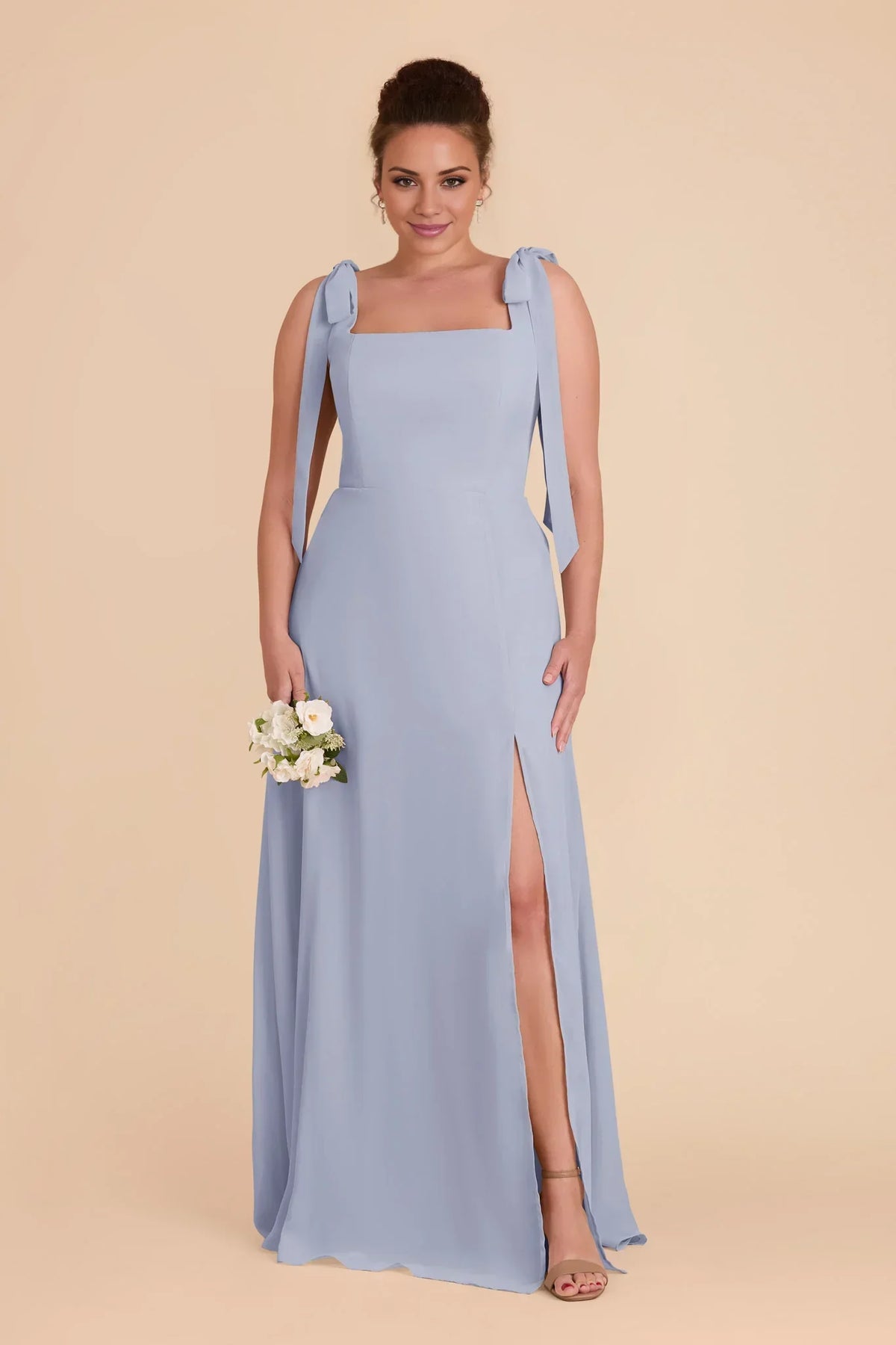 Blue Square Neck Chiffon Open Back High Slit Floor-Length Wedding Dress - Chloe Dress