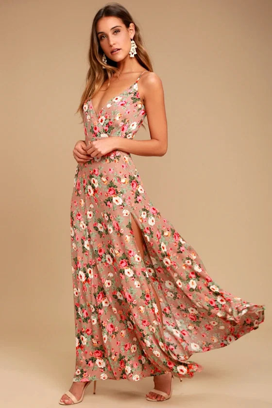 V-Neck Chiffon Open Back High Slit Floor-Length Evening Dress - Chloe Dress