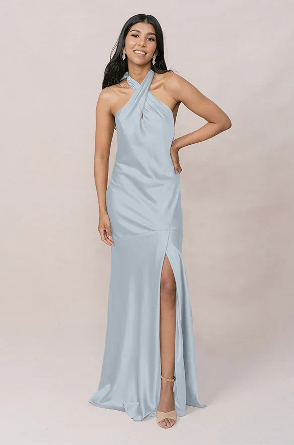 Sky Blue Mermaid Halter Satin High Slit Wedding Dress - Chloe Dress