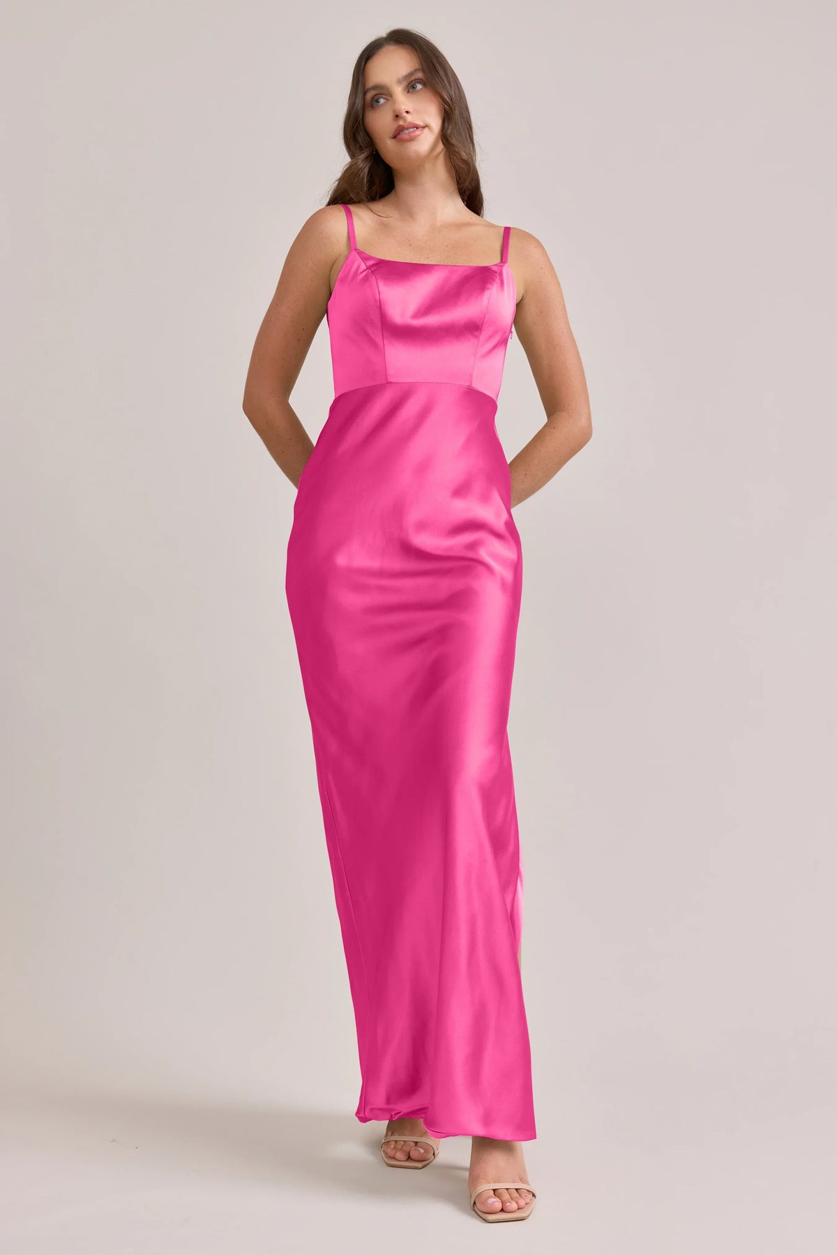Hot Pink Square Neck Satin Open Back High Slit Floor-Length Wedding Dress - Chloe Dress