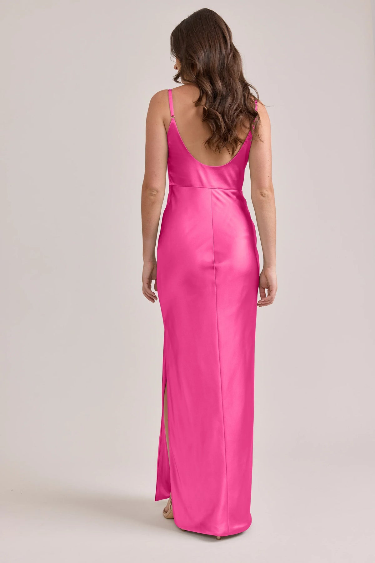 Hot Pink Square Neck Satin Open Back High Slit Floor-Length Wedding Dress - Chloe Dress