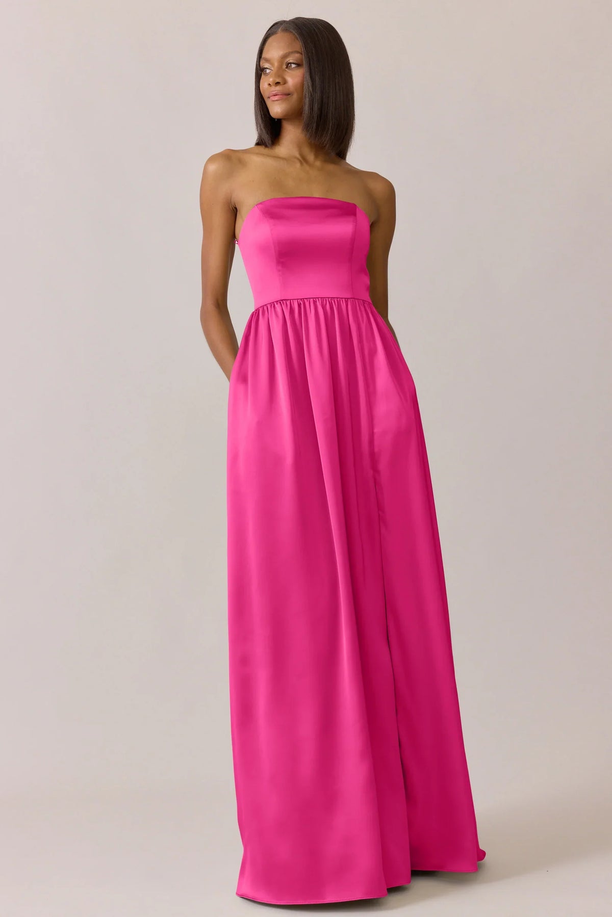 Hot Pink A-Line Strapless Satin Floor-Length Wedding Dress - Chloe Dress