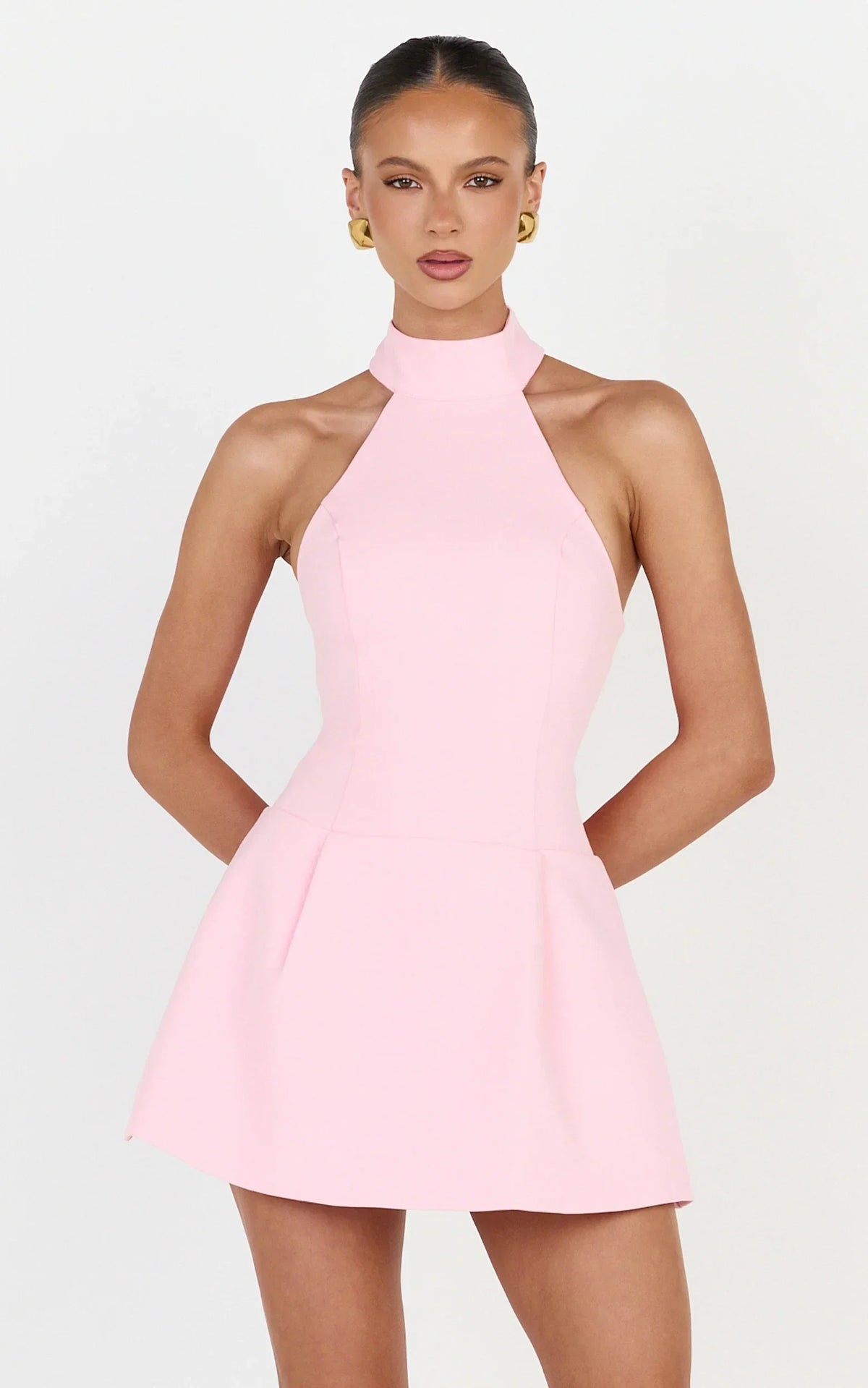 Pink Halter Neck Tie‑Back A‑Line Mini Homecoming Dresses