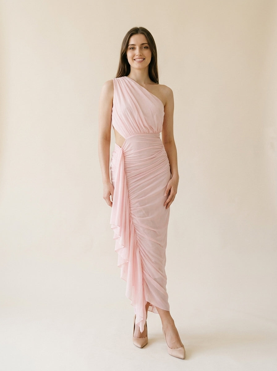 Sheath One-Shoulder Chiffon Sleeveless Draped Midi Evening Dress - Chloe Dress