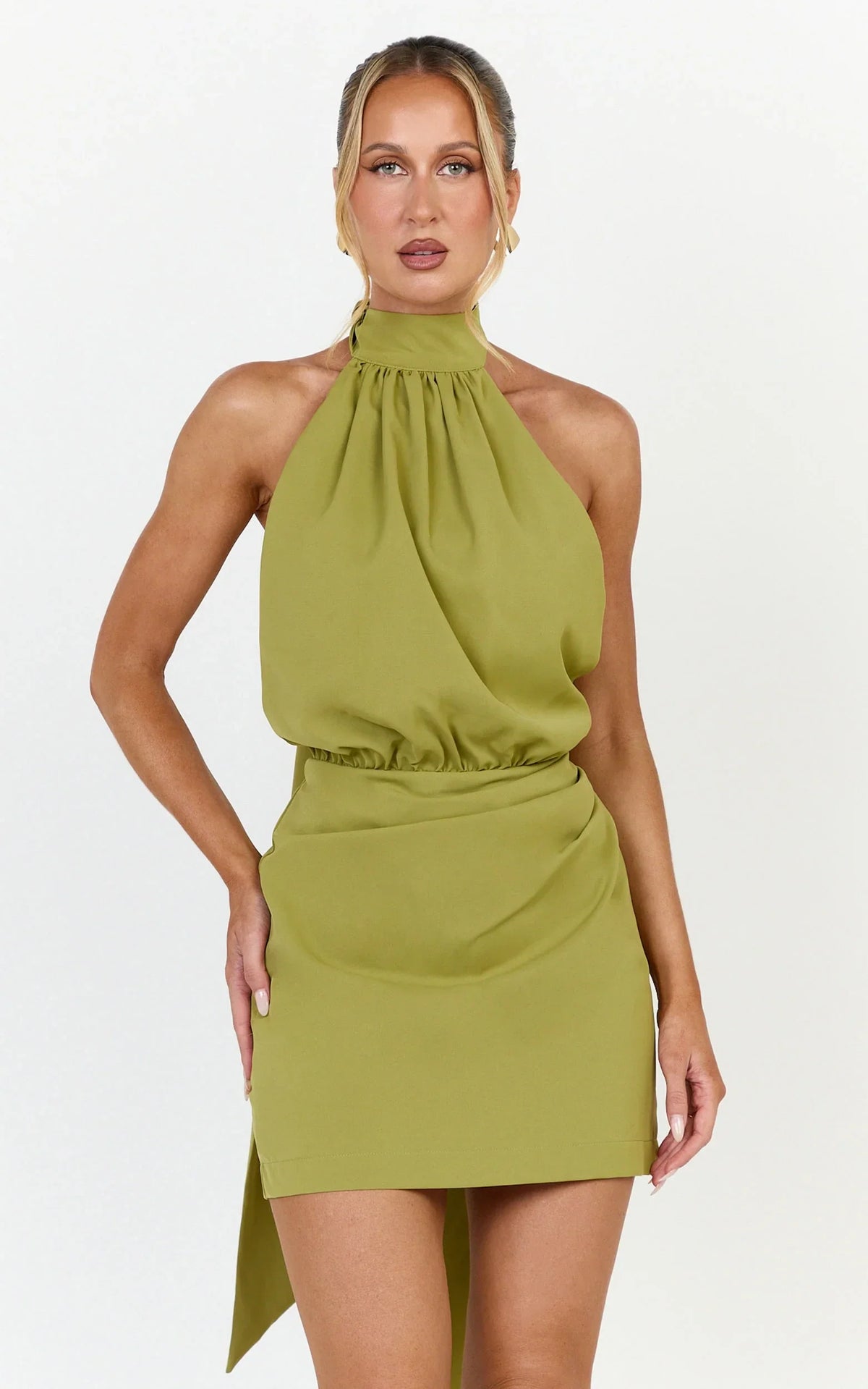 Olive Green Halter Open Back Long Tie Satin Mini Homecoming Dresses
