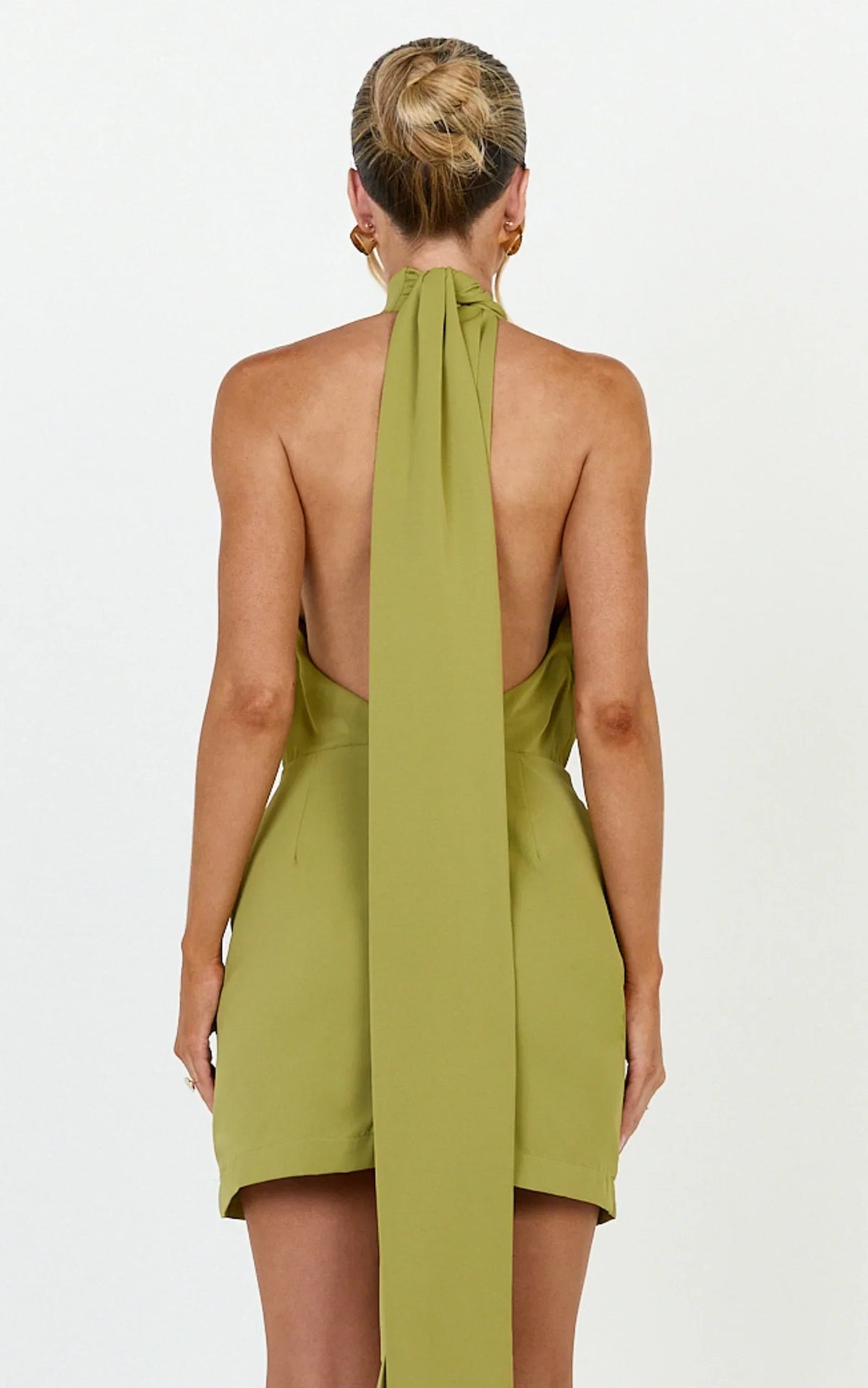 Olive Green Halter Open Back Long Tie Satin Mini Homecoming Dresses