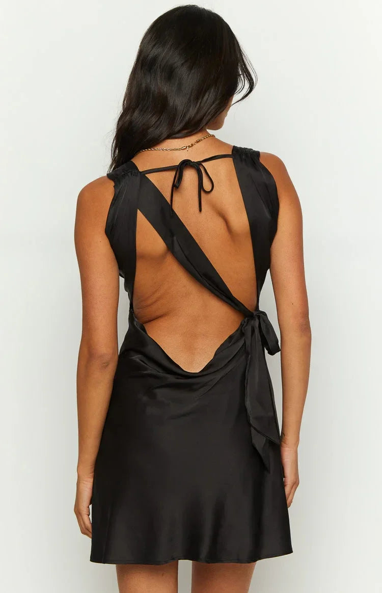 A-Line Square Neck Satin Sleeveless Open Back Mini Homecoming Dress - Chloe Dress