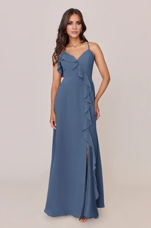 A-Line V-Neck Chiffon High Slit Floor-Length Wedding Dress - Chloe Dress