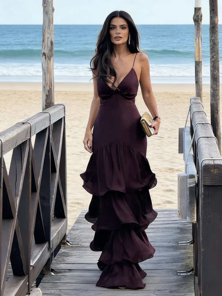 V-Neck Chiffon Ruffled Floor-Length Evening Dress - Chloe Dress
