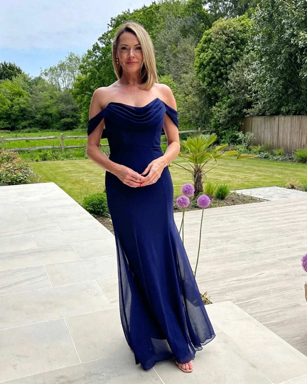 Navy Mermaid Cowl Neck Chiffon Draped Floor-Length Evening Dress - Chloe Dress