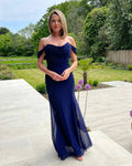 Navy Mermaid Cowl Neck Chiffon Draped Floor-Length Evening Dress - Chloe Dress