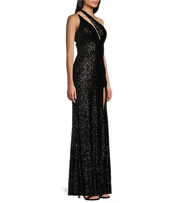 One-Shoulder Lace Lace-Up Back High Slit Prom Dress - Chloe Dress