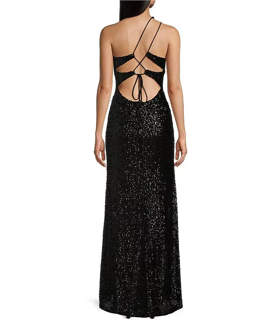 One-Shoulder Lace Lace-Up Back High Slit Prom Dress - Chloe Dress