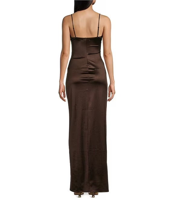 V-Neck Lace-Up Back High Slit Prom Dress - Chloe Dress
