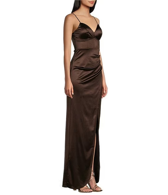 V-Neck Lace-Up Back High Slit Prom Dress - Chloe Dress