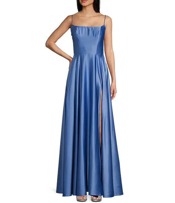 Square Neck Satin High Slit Evening Dress - Chloe Dress