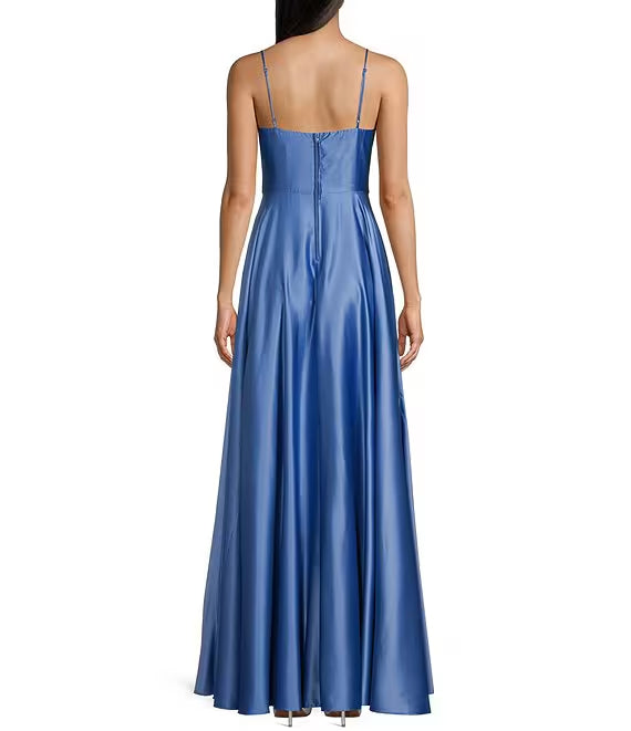 Square Neck Satin High Slit Evening Dress - Chloe Dress