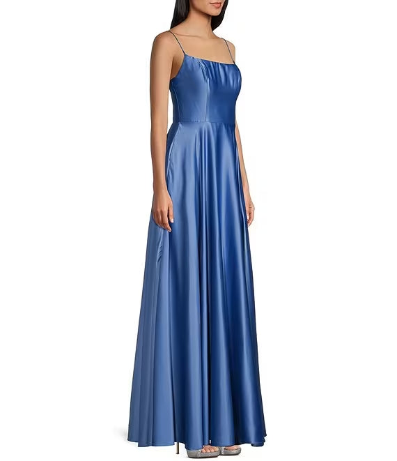 Square Neck Satin High Slit Evening Dress - Chloe Dress