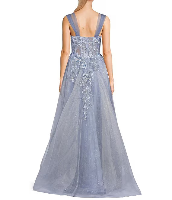 Mesh Lace-Up Back Beaded Evening Dress - Chloe Dress