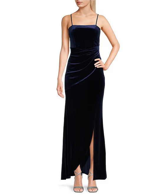 Square Neck Velvet High Slit Prom Dress - Chloe Dress