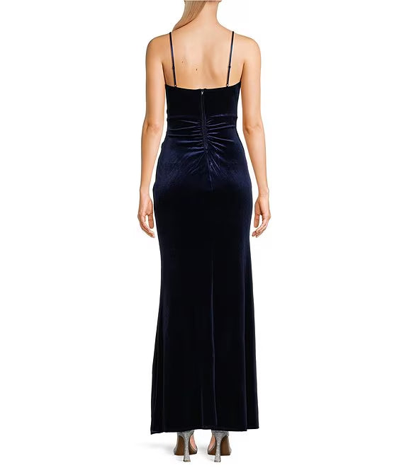 Square Neck Velvet High Slit Prom Dress - Chloe Dress