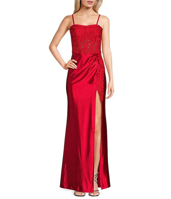 Illusion Lace Lace-Up Back High Slit Evening Dress - Chloe Dress