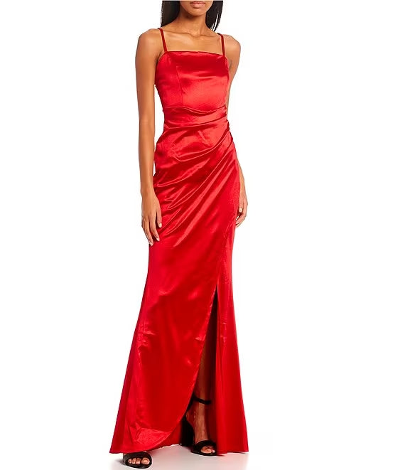 Square Neck Satin High Slit Prom Dress - Chloe Dress